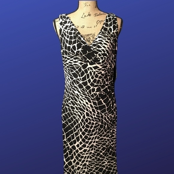 LAUREN RALPH LAUREN Empire Ruched Sheath, Sleeveless, Coffee/Cream “NET”print,10 - Picture 1 of 8